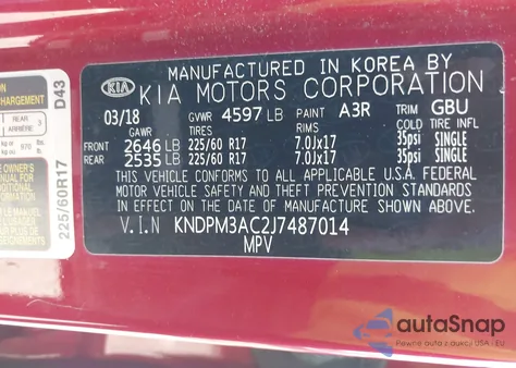 2018 Kia Sportage Lx z USA, uszkodzony, nr VIN KNDPM3AC2J7487014